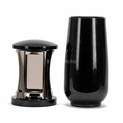Set für den Friedhof MIRROW ROUND SILVER + WBASIC15 – silberne Grablaterne und hohe Blumenvase.