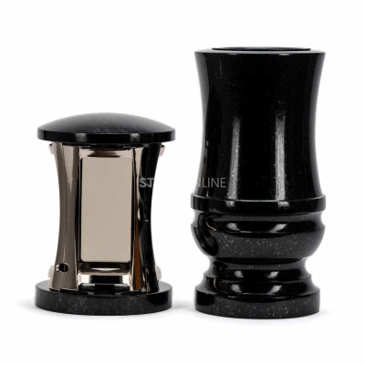 Set für den Friedhof – silberne Laterne MIRROW ROUND SILVER und Vase WDELUX15 für Blumen.