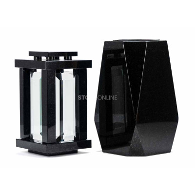 Modernes Granitset für den Friedhof – Grablaterne LPREMIUM und massive Vase WDIAMOND15 für Blumen.