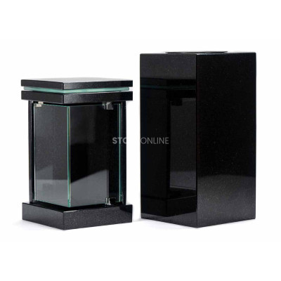 Modernes Granitset für den Friedhof – Grablaterne LLED und Vase WCUBE15 für Blumen.