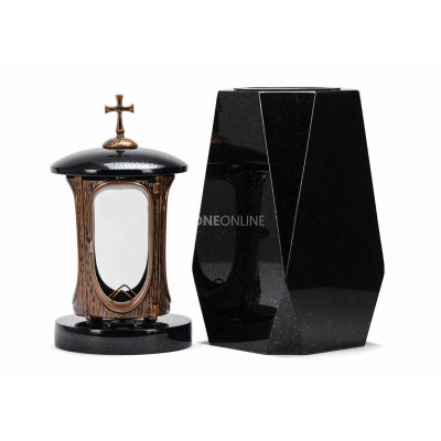 Grablaterne LALUMCROSSCOPPER und massive Vase WDIAMOND15 – langlebiges Granitset für den Friedhof.