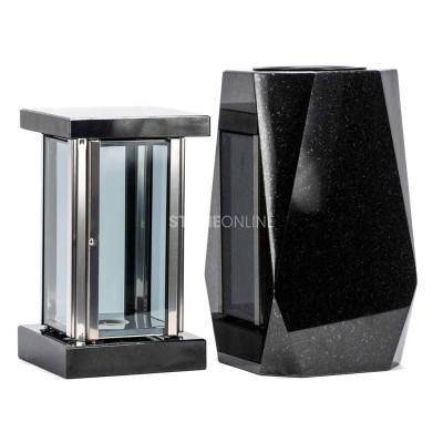Silberne MIRROW SQUARE SILVER 24 und WDIAMOND15 Vase – modernes Granit-Set für den Friedhof.