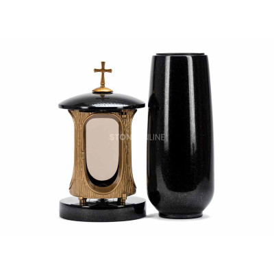 Goldene Laterne LALUMCROSSGOLD und Vase WBASIC12 – dauerhaftes Granit-Set für den Friedhof.