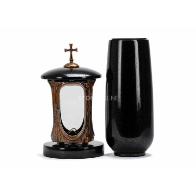Kupferlaterne LALUMCROSSCOPPER und Vase WBASIC12 – robustes Granit-Set für den Friedhof.