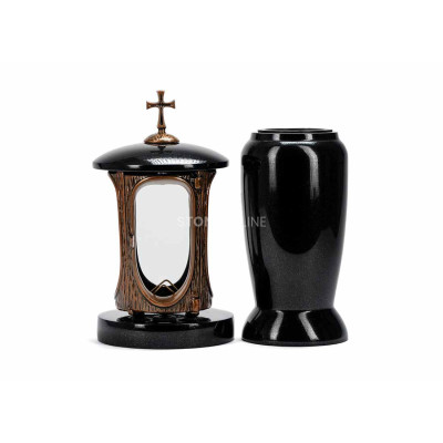 Kupferlaterne LALUMCROSSCOPPER und Vase WELEGANT12 – elegantes Granit-Set für den Friedhof.