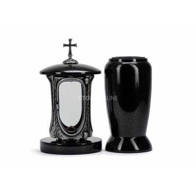 Silberne Laterne LALUMCROSSSILVER und Vase WELEGANT12 – modernes Granit-Set für den Friedhof.