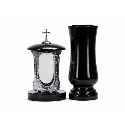 Grablaterne LALUMCROSSINOX und Vase WSTANDARD12 – modernes Granitset für den Friedhof.