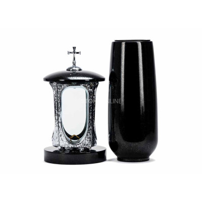 Moderne Laterne LALUMCROSSINOX und Vase WBASIC12 – solides Granitset für den Friedhof.