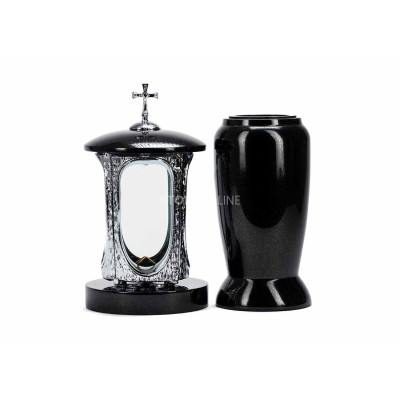 Moderne Laterne LALUMCROSSINOX und Vase WELEGANT12 – elegantes Granitset für den Friedhof.