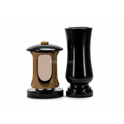 Goldene Laterne LALUMROSETTEGOLD und Vase WELEGANT12 – elegantes Granit-Set für den Friedhof.