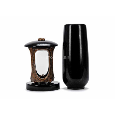 Kupferlaterne LALUMROSETTECOPPER und Vase WBASIC12 – langlebiges Granit-Set für den Friedhof.