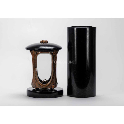 Kupferlaterne LALUMROSETTECOPPER und schlanke Vase WTUBA12 – stilvolles Set für den Friedhof.
