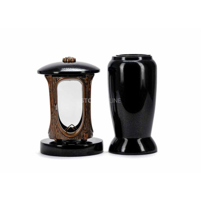 Kupferlaterne LALUMROSETTECOPPER und Vase WELEGANT12 – elegantes Granit-Set für den Friedhof.