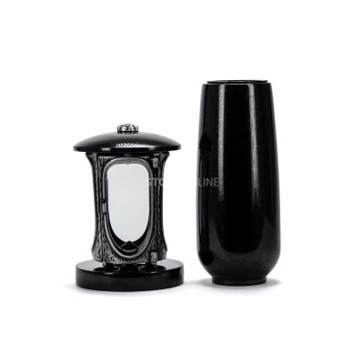 Silberne LALUMROSETTESILVER Laterne und Vase WBASIC12 – langlebiges Granit-Set für den Friedhof.