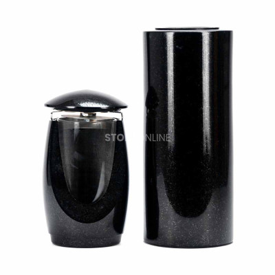 Grablaterne LWONDERFUL12MID und schlanke Vase WTUBA12 – stilvolles Granitset für den Friedhof.