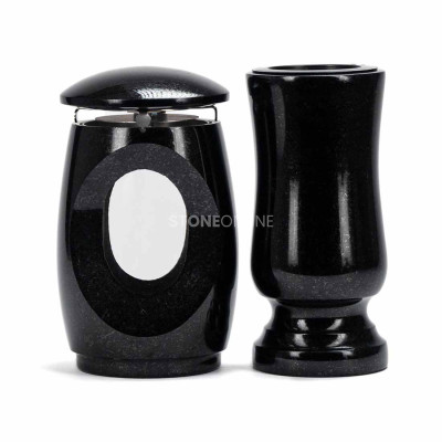 Grablaterne LTIMELESS12MID und Vase WSTANDARD10 – klassisches Granitset für den Friedhof.