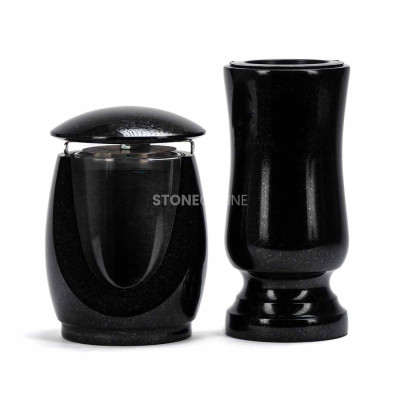 Grablaterne LWONDERFUL12MIN und Vase WSTANDARD10 – klassisches Granitset für den Friedhof.
