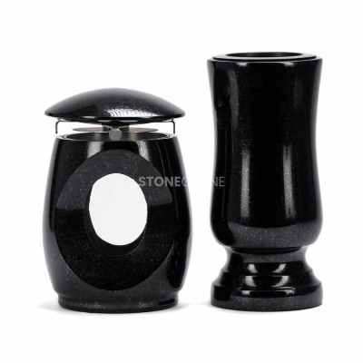Grablaterne LTIMELESS12MIN und Vase WSTANDARD10 – klassisches Granitset für den Friedhof.