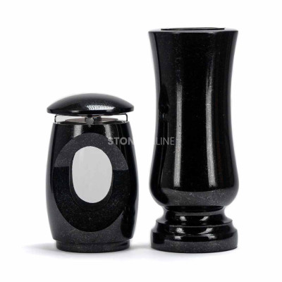 Grablaterne LTIMELESS12MID und Vase WSTANDARD12 – klassisches Granitset für den Friedhof.