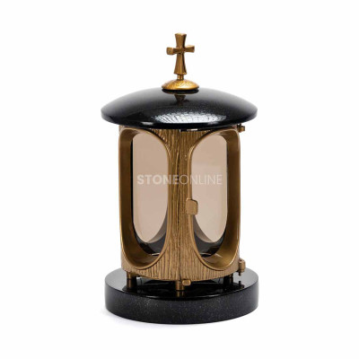 Grablampe fürs Grabmal mit goldenem Korpus und Kreuz StoneOnline – beständige Friedhofsleuchte.