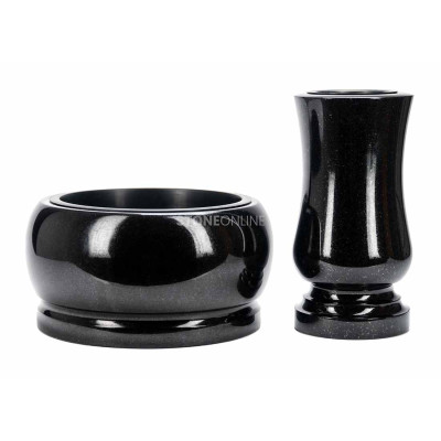 Schale FAME 30 cm und Vase WSTANDARD15 aus poliertem Naturstein.