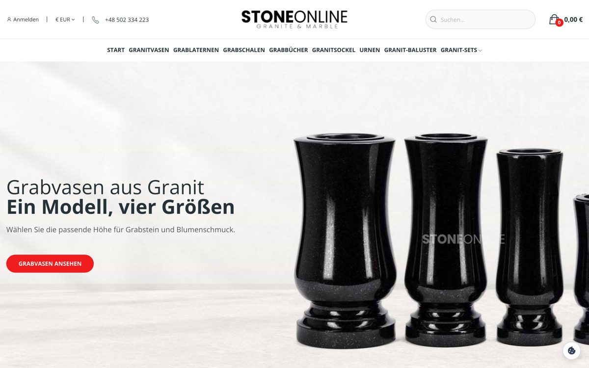Onlineshop StoneOnline &ndash; Startseite mit Grabvasen aus Granit